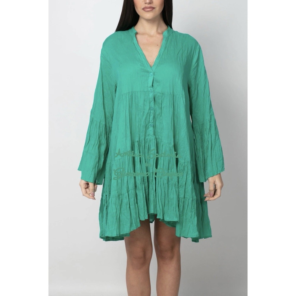 Antica Sartoria Giacomo Cinque Green Cotton Tiered Bell Sleeve Mini Dress EC442
